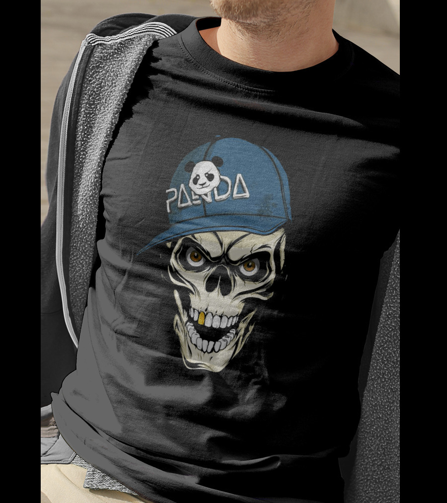 Skull Panda Blue Hat Grinning Face With Panda T-Shirt