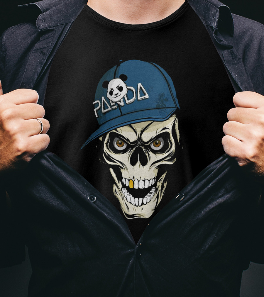 Skull Panda Blue Hat Grinning Face With Panda T-Shirt