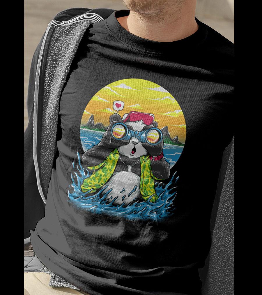 Summer Panda Beach Adventure With Binoculars And Heart T-Shirt