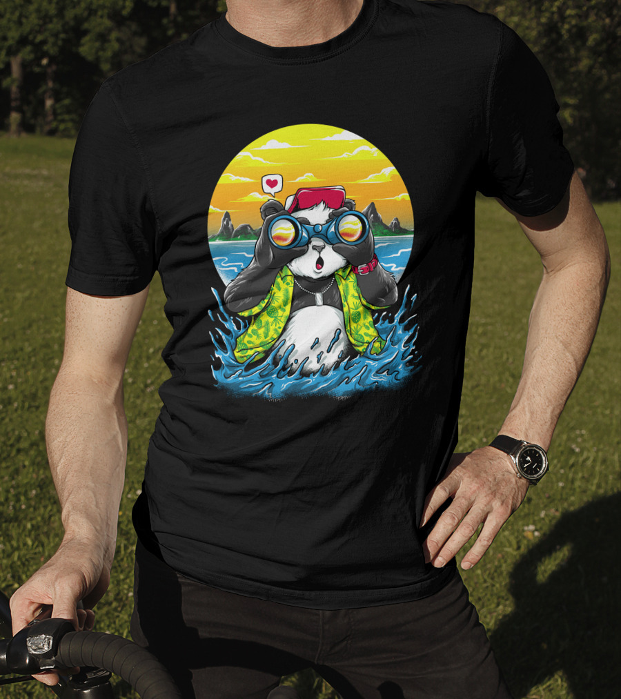 Summer Panda Beach Adventure With Binoculars And Heart T-Shirt