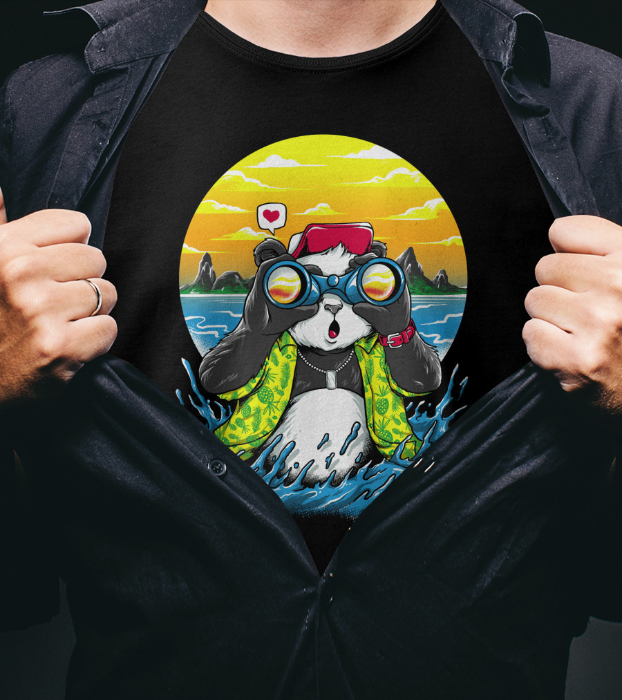 Summer Panda Beach Adventure With Binoculars And Heart T-Shirt