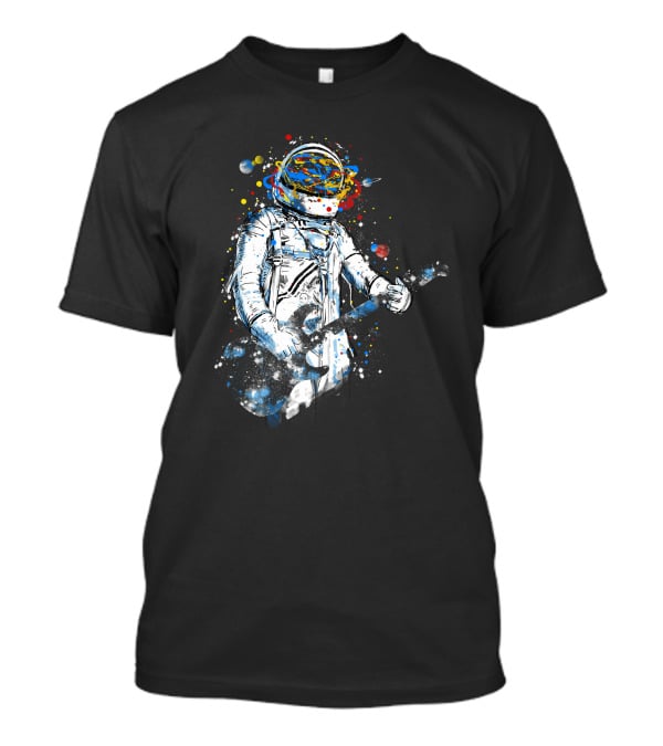 Space Guitar Astronaut Playing Cosmic Electric Guitar With Planetary Helmet And Colorful Galaxy T-Shirt