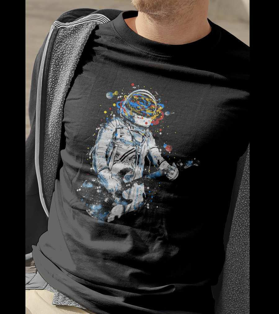 Space Guitar Astronaut Playing Cosmic Electric Guitar With Planetary Helmet And Colorful Galaxy T-Shirt