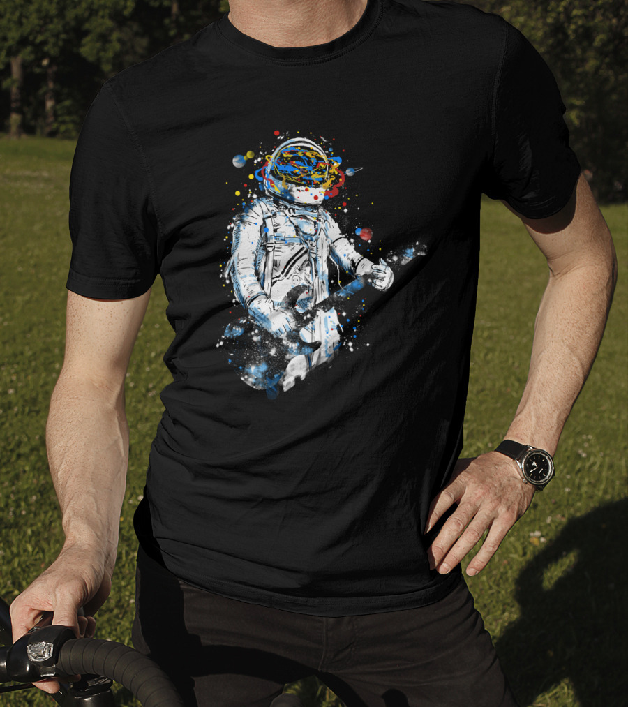 Space Guitar Astronaut Playing Cosmic Electric Guitar With Planetary Helmet And Colorful Galaxy T-Shirt