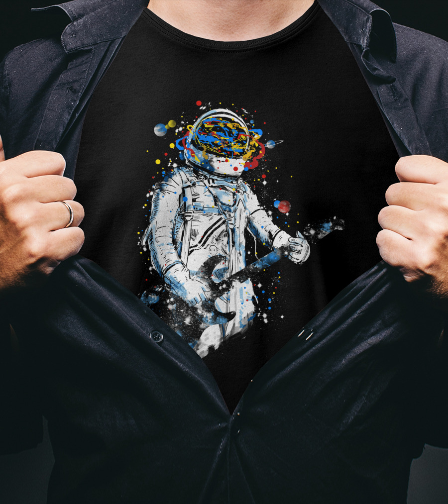 Space Guitar Astronaut Playing Cosmic Electric Guitar With Planetary Helmet And Colorful Galaxy T-Shirt