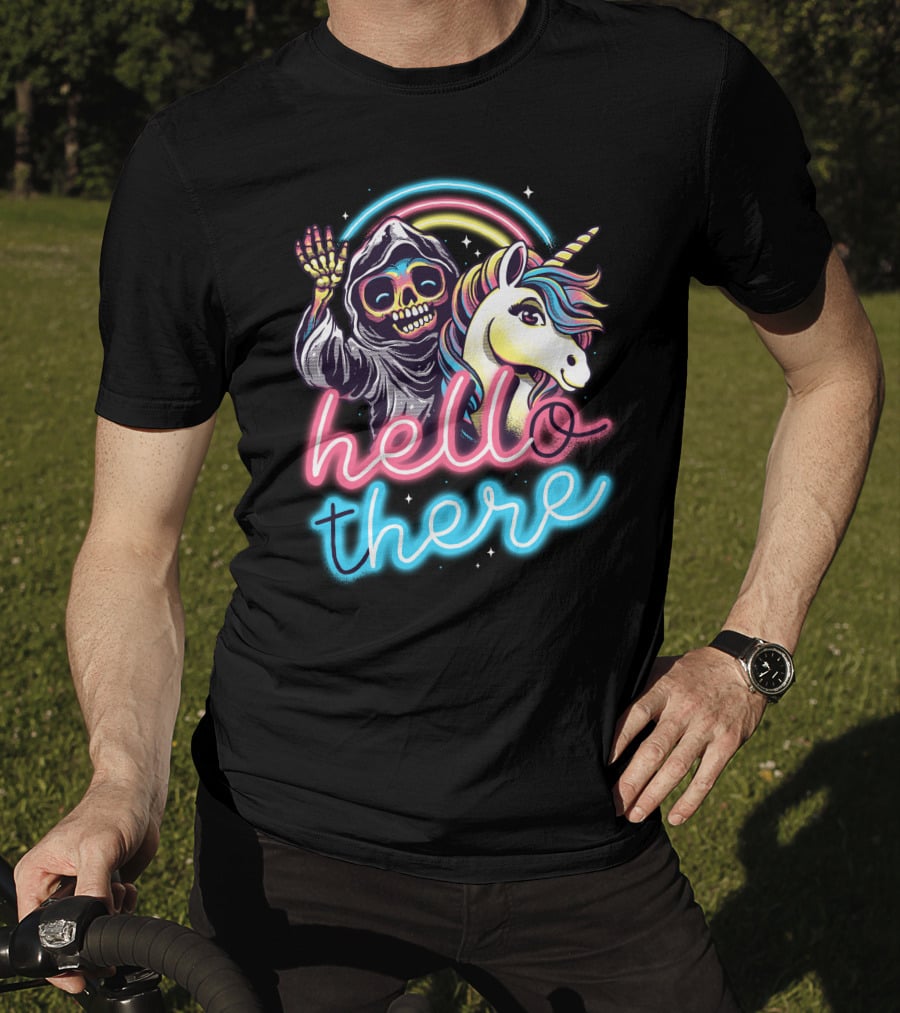 Hello There Grim Reaper And Unicorn Neon Rainbow T-Shirt