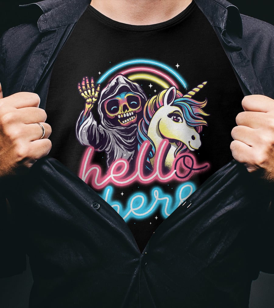 Hello There Grim Reaper And Unicorn Neon Rainbow T-Shirt