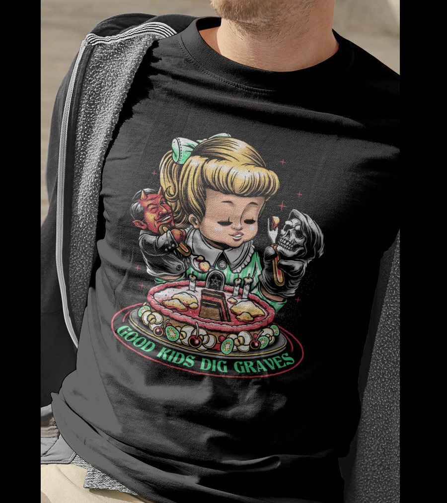 Good Kids Dig Graves Devil And Grim Reaper Cake Scene T-Shirt