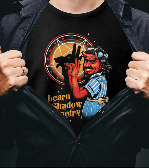 Learn Shadow Puppetry Demonic Child Pentagram Background T-Shirt