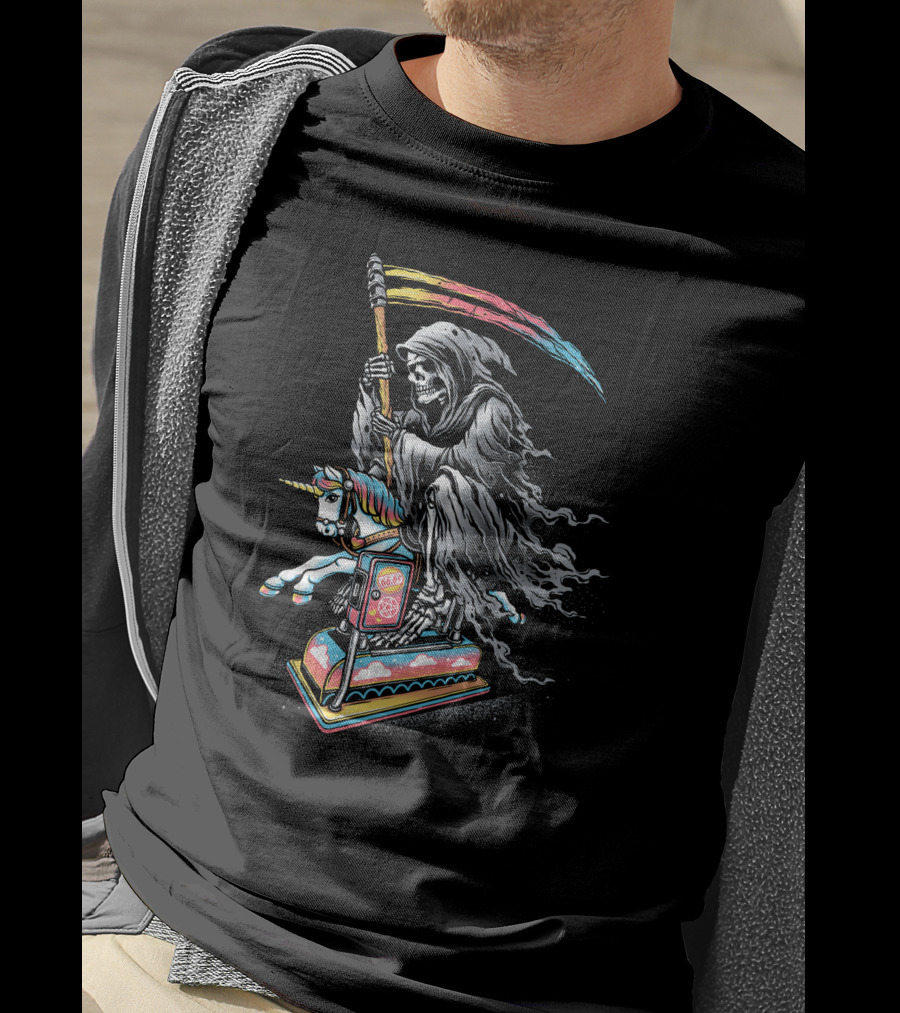 Death Riding Rainbow Scythe Unicorn Carousel Coin-Op T-Shirt