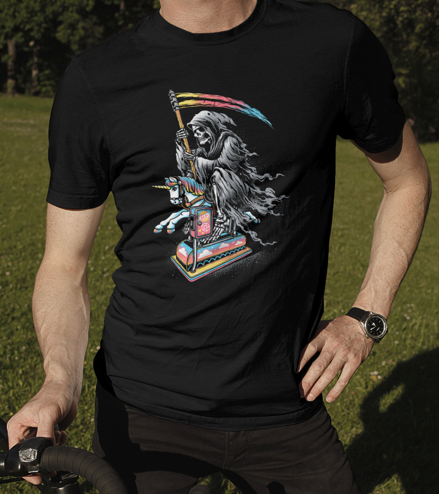 Death Riding Rainbow Scythe Unicorn Carousel Coin-Op T-Shirt
