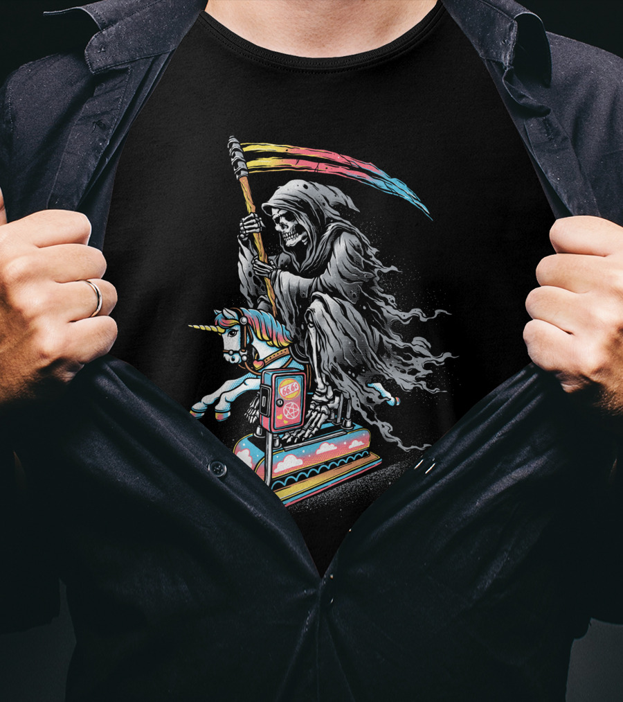 Death Riding Rainbow Scythe Unicorn Carousel Coin-Op T-Shirt