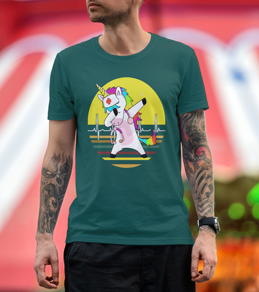 Unicorn Nurse Dabbing with Rainbow Stethoscope and Heartbeat Background T-Shirt