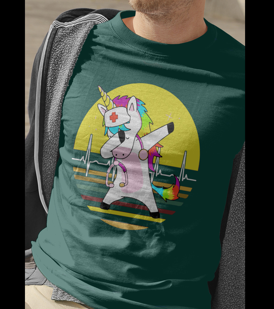 Unicorn Nurse Dabbing With Rainbow Stethoscope And Heartbeat Background T-Shirt