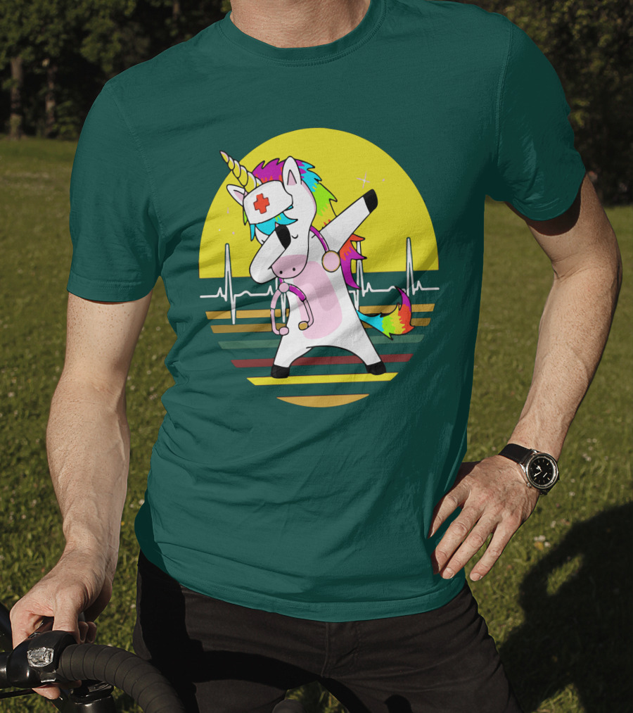 Unicorn Nurse Dabbing With Rainbow Stethoscope And Heartbeat Background T-Shirt
