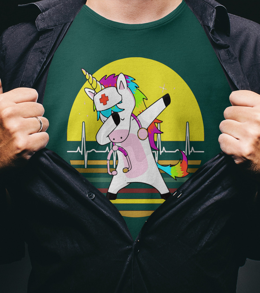 Unicorn Nurse Dabbing With Rainbow Stethoscope And Heartbeat Background T-Shirt