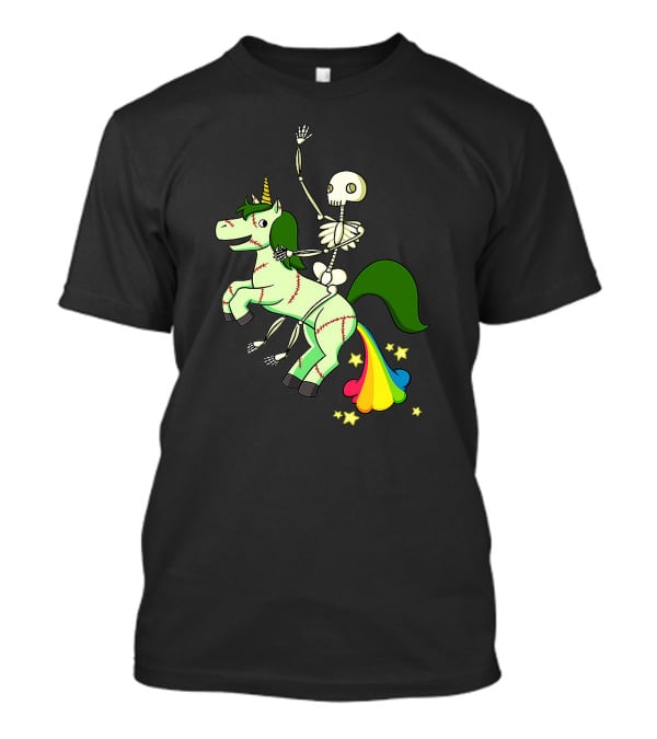 Skull Skeleton Riding Zombie Unicorn With Rainbow Tail And Green Mane T-Shirt