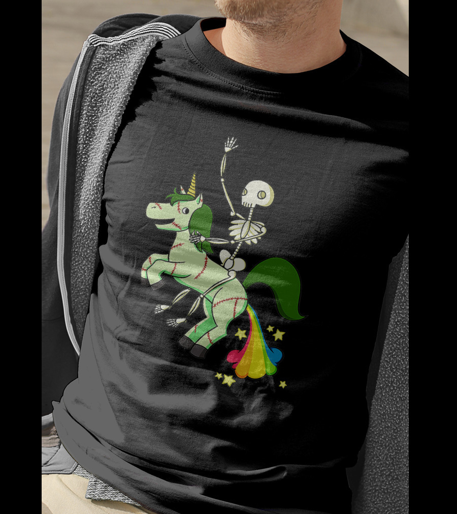Skull Skeleton Riding Zombie Unicorn With Rainbow Tail And Green Mane T-Shirt