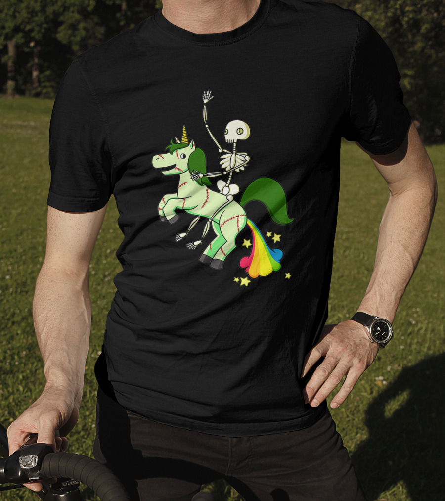Skull Skeleton Riding Zombie Unicorn With Rainbow Tail And Green Mane T-Shirt