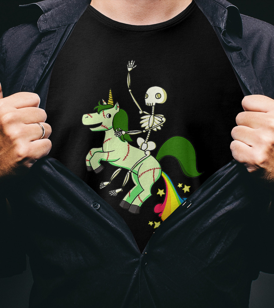 Skull Skeleton Riding Zombie Unicorn With Rainbow Tail And Green Mane T-Shirt