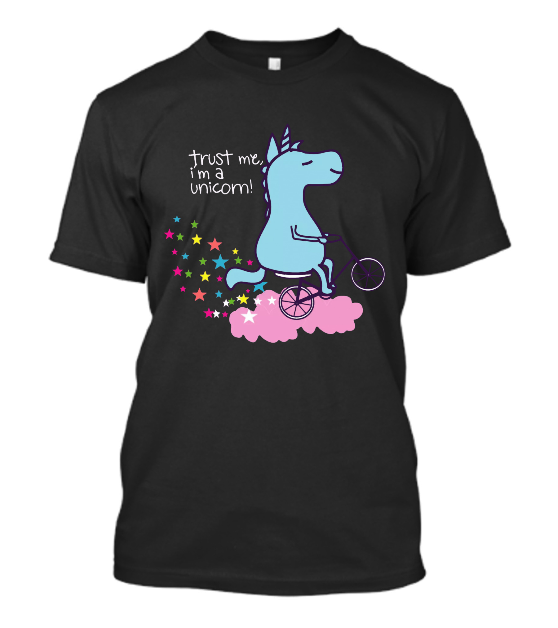 Trust Me I'm A Unicorn Riding Bicycle On Pink Cloud With Colorful Stars T-Shirt