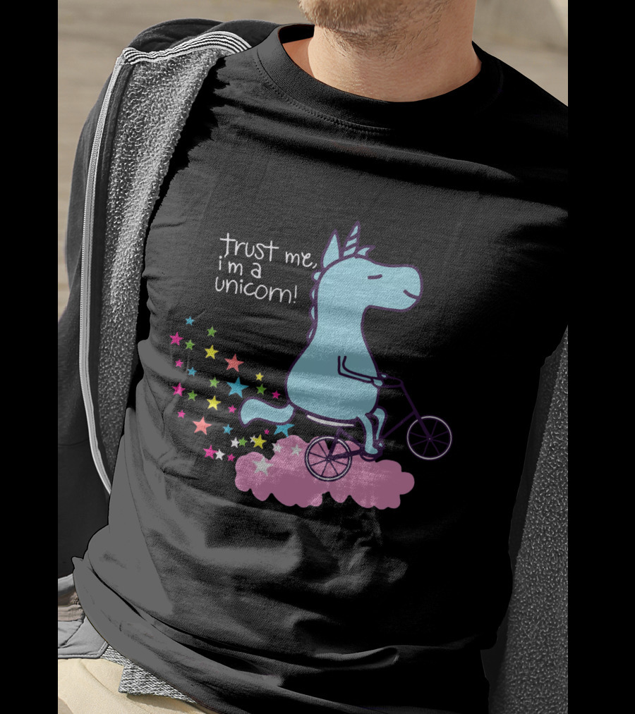 Trust Me I'm A Unicorn Riding Bicycle On Pink Cloud With Colorful Stars T-Shirt