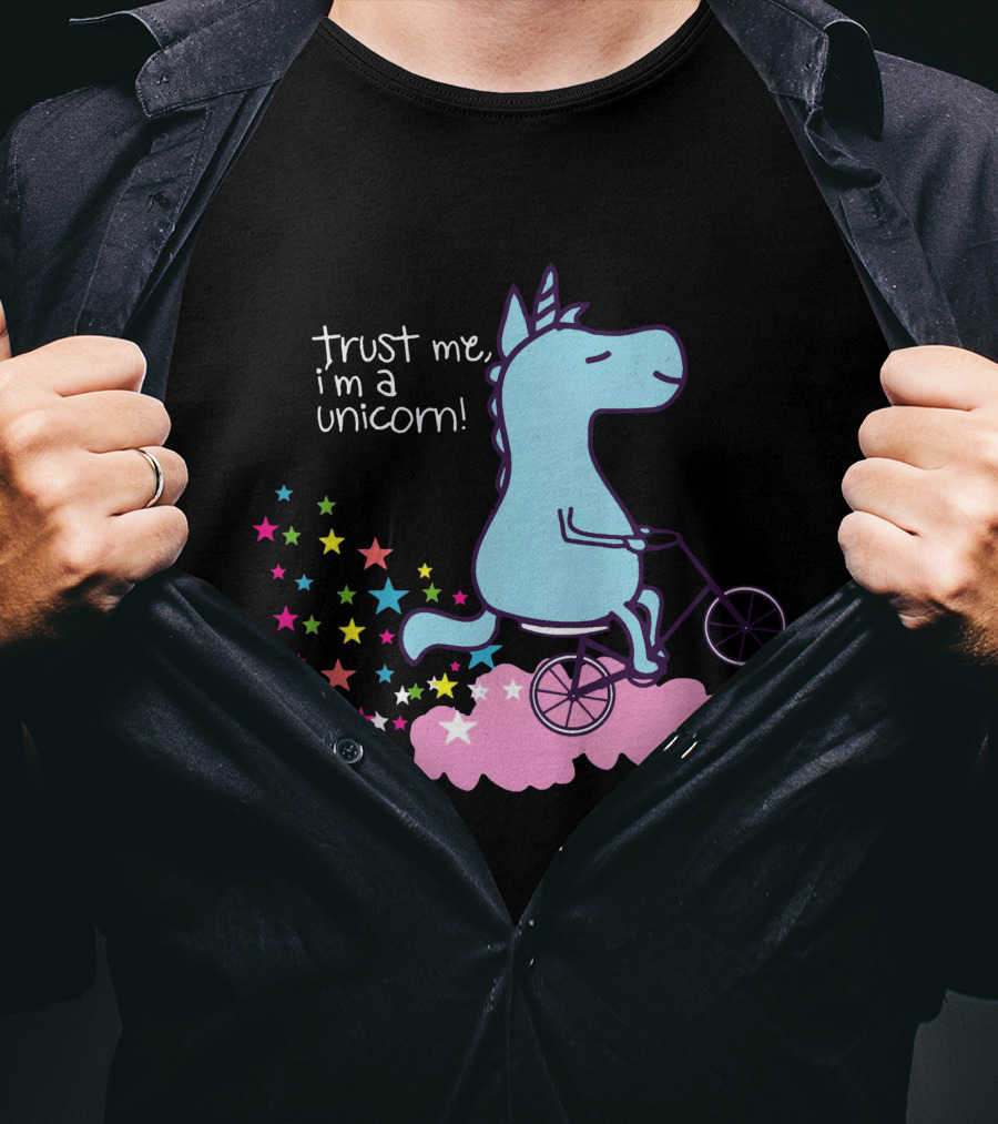 Trust Me I'm A Unicorn Riding Bicycle On Pink Cloud With Colorful Stars T-Shirt