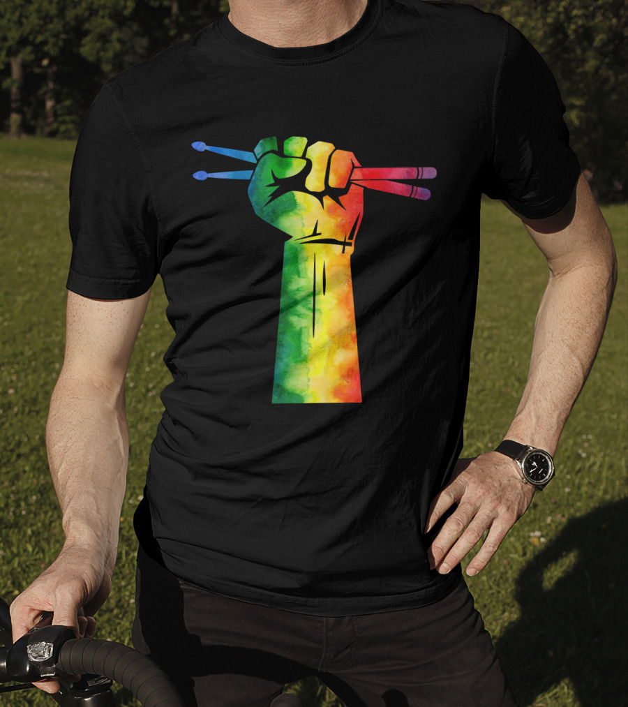 Drumstick Drummer Rainbow Fist T-Shirt