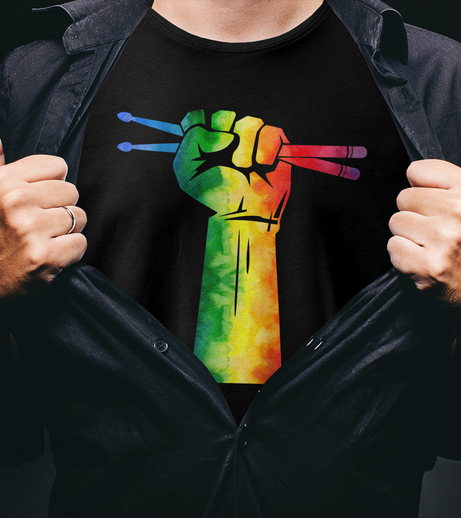 Drumstick Drummer Rainbow Fist T-Shirt