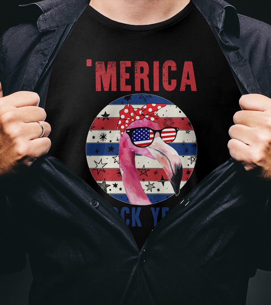 'Merica Flock Yeah Patriotic Flamingo With Flag Sunglasses T-Shirt