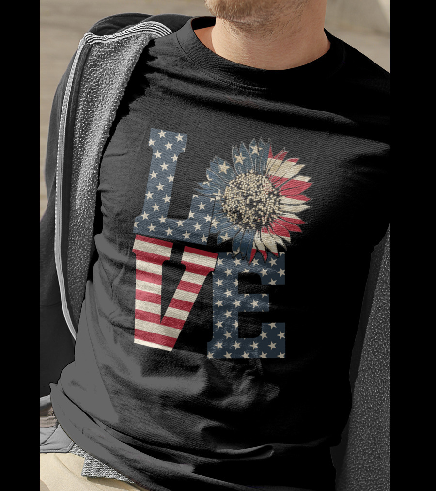 Sunflower Love American Flag Stars And Stripes Flower T-Shirt