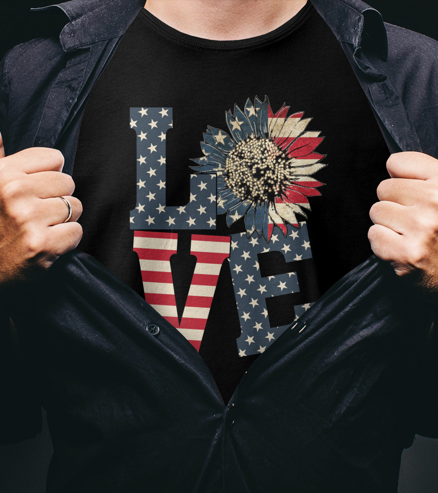 Sunflower Love American Flag Stars And Stripes Flower T-Shirt