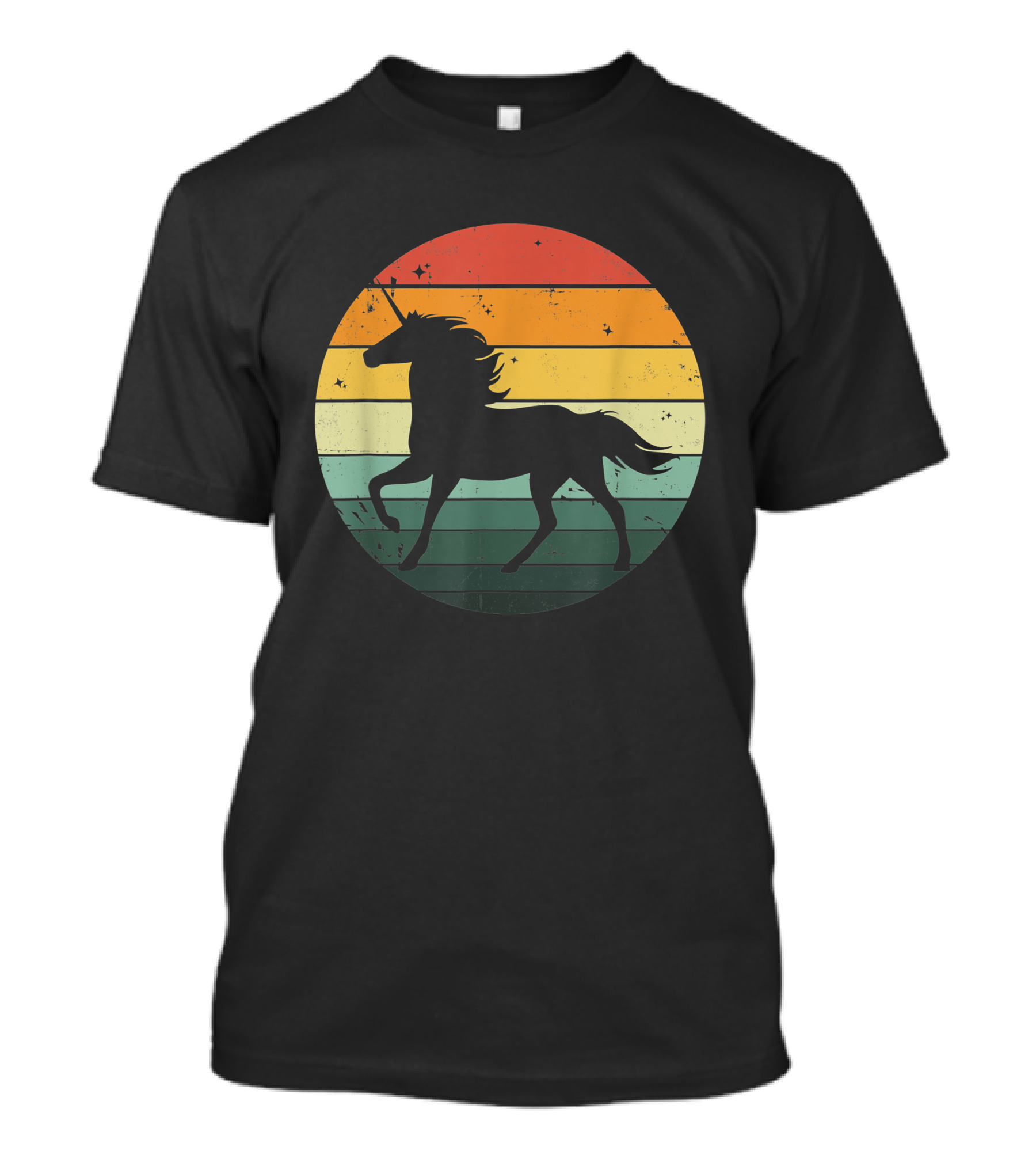 Unicorn Silhouette Against Retro 70s Sunset Stripes T-Shirt