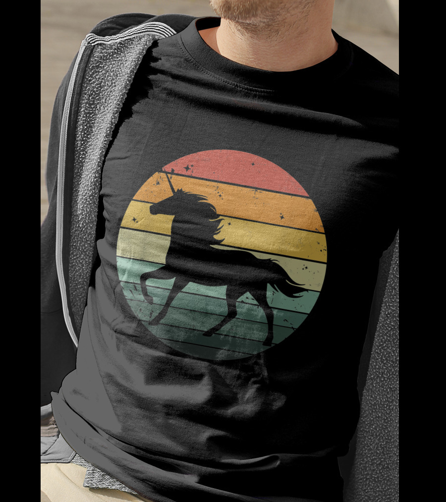 Unicorn Silhouette Against Retro 70s Sunset Stripes T-Shirt