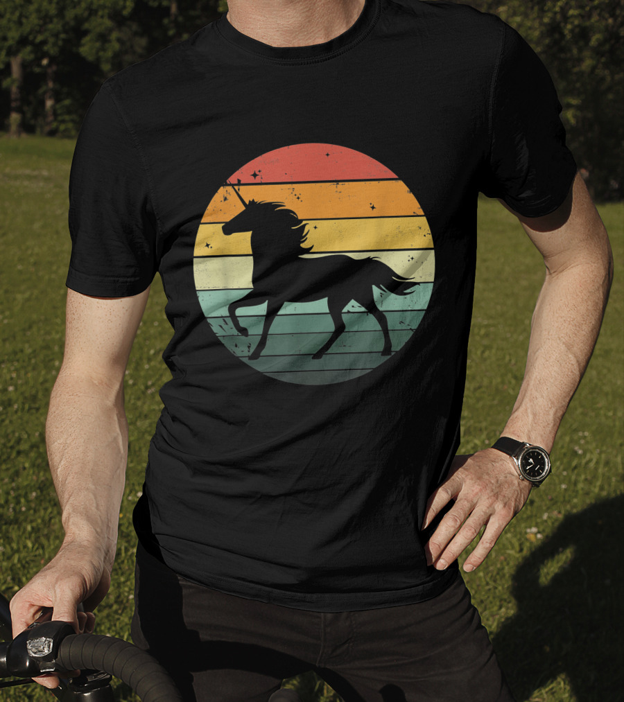 Unicorn Silhouette Against Retro 70s Sunset Stripes T-Shirt