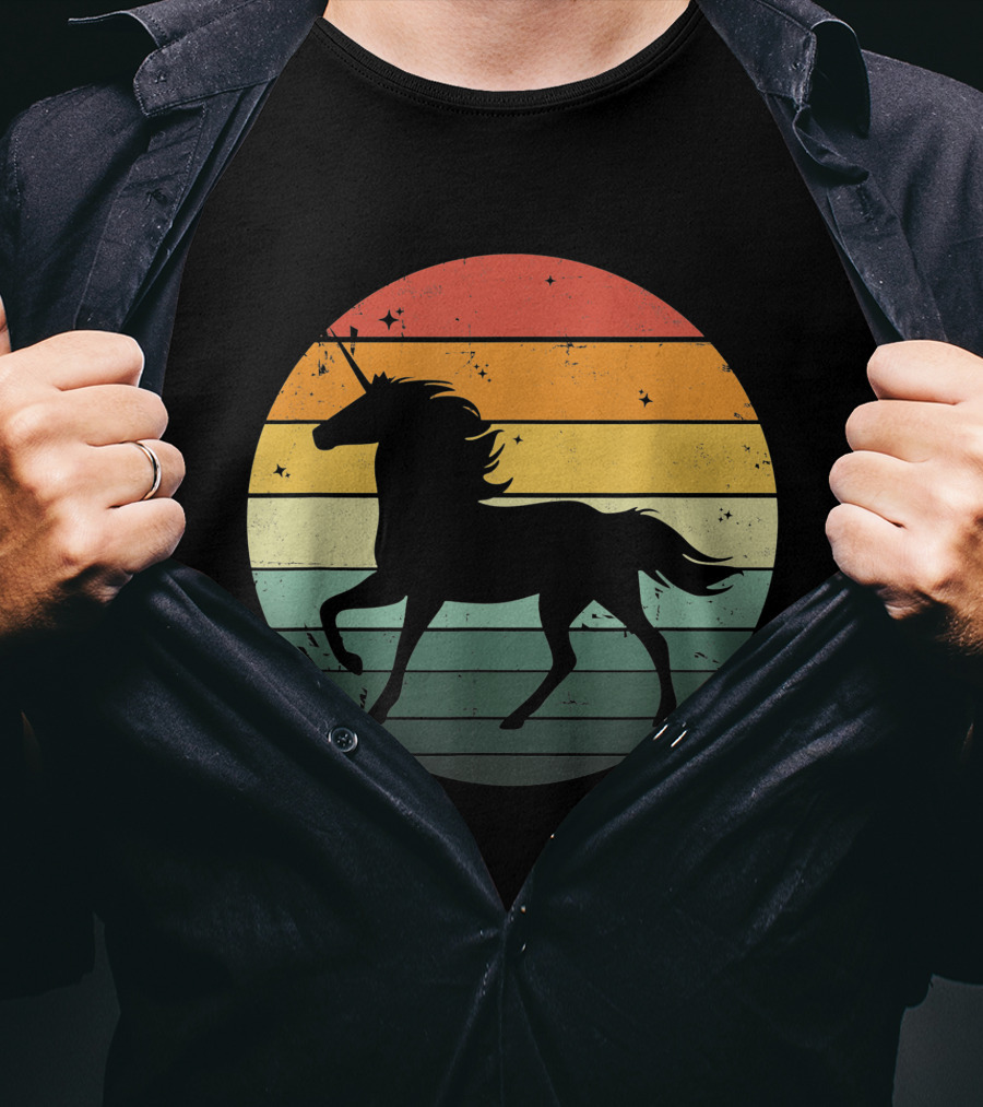 Unicorn Silhouette Against Retro 70s Sunset Stripes T-Shirt