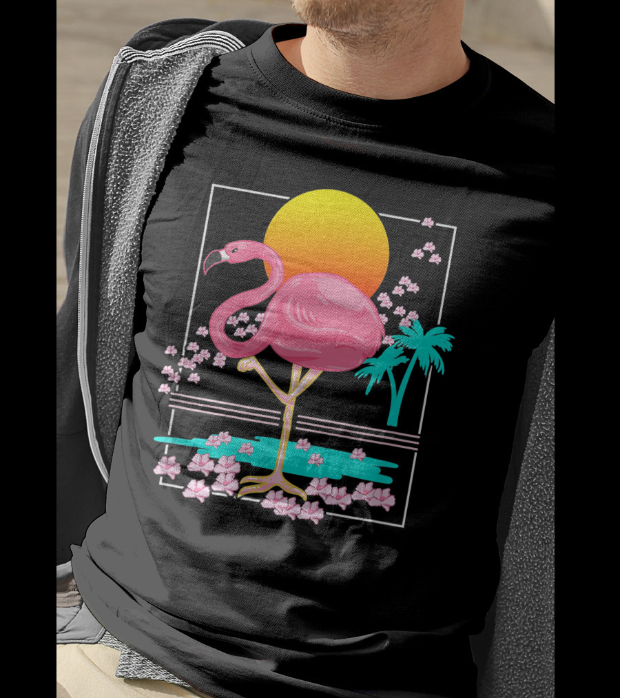 Flamingo Tropical Flowers And Sunset Scene T-Shirt
