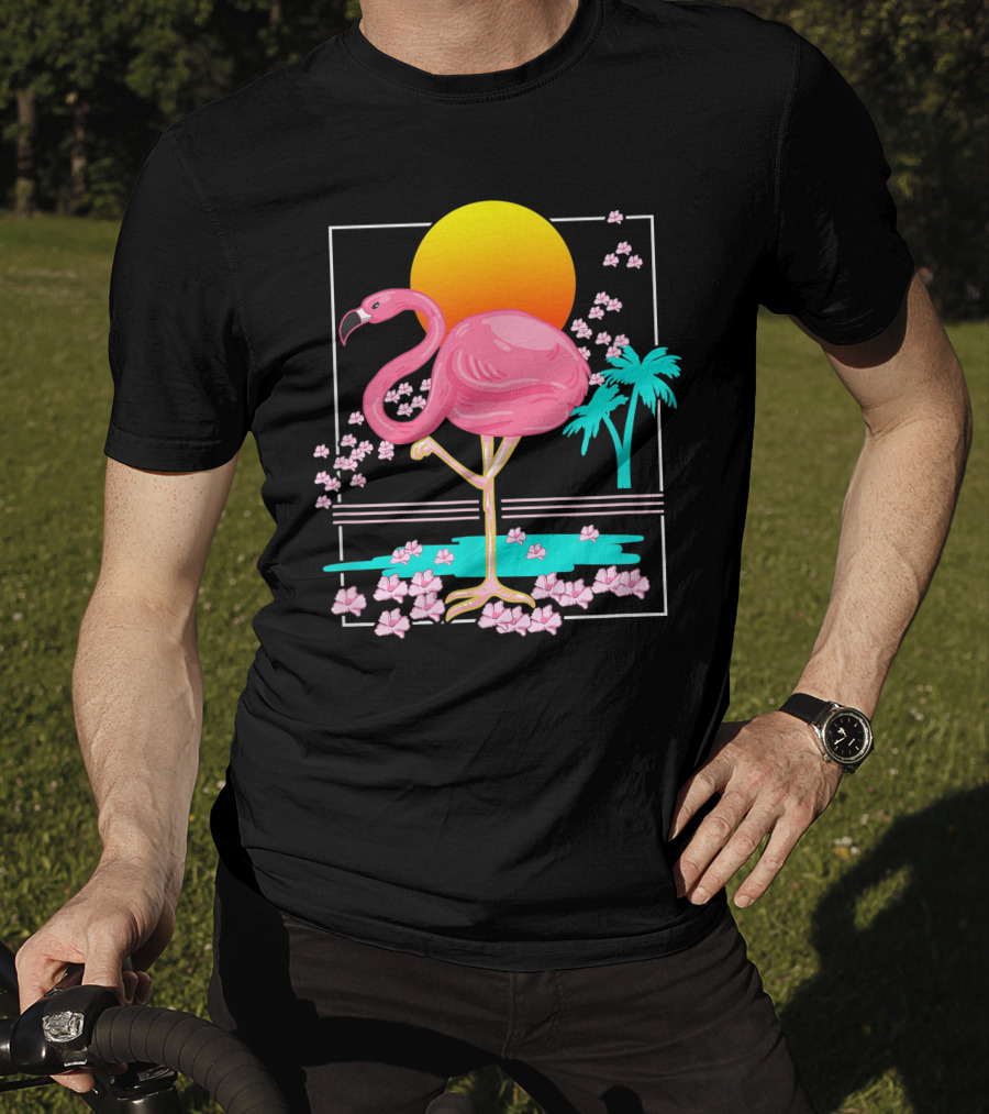 Flamingo Tropical Flowers And Sunset Scene T-Shirt