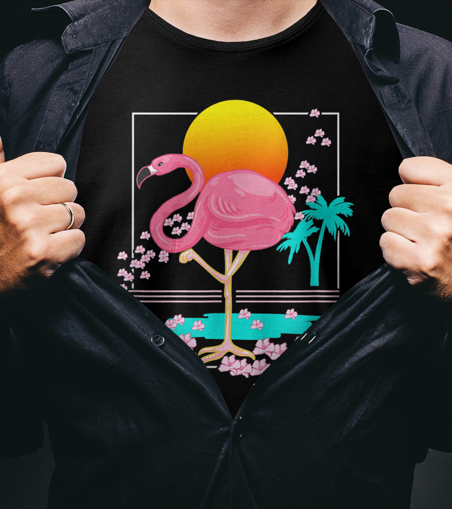 Flamingo Tropical Flowers And Sunset Scene T-Shirt