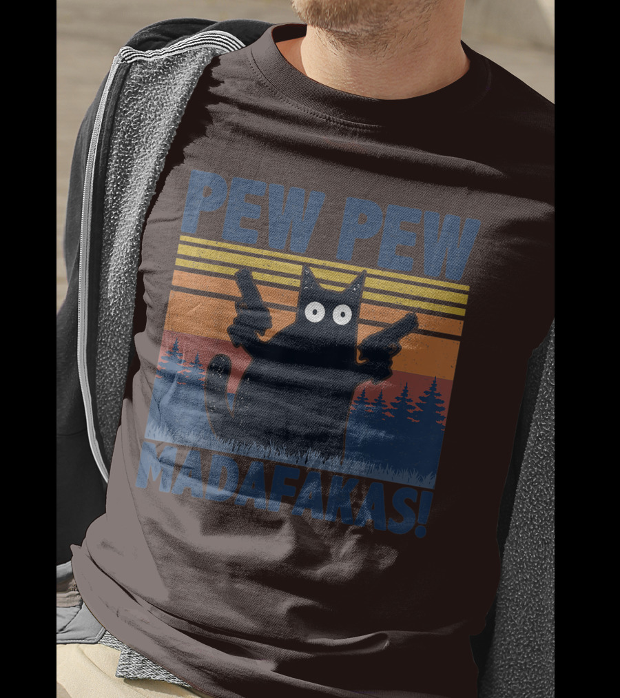 Pew Pew Madafakas Funny Vintage Cat With Guns Retro Forest Background T-Shirt