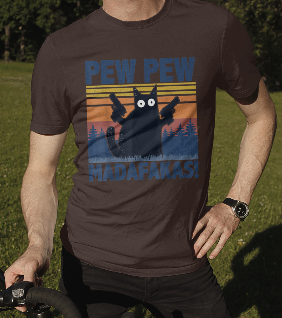 Pew Pew Madafakas Funny Vintage Cat With Guns Retro Forest Background T-Shirt