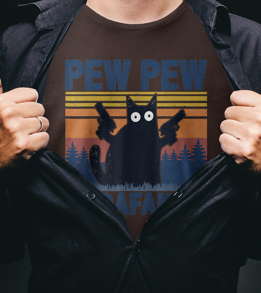 Pew Pew Madafakas Funny Vintage Cat With Guns Retro Forest Background T-Shirt