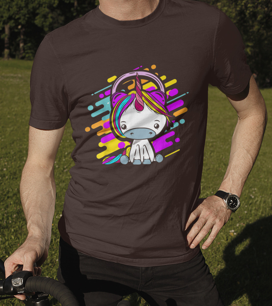 Cute Rainbow Unicorn Headphones Music T-Shirt