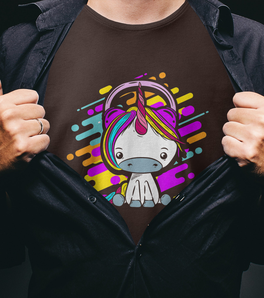 Cute Rainbow Unicorn Headphones Music T-Shirt