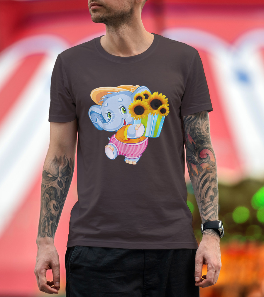 Cute Baby Elephant with Sunflowers and Pink Striped Shorts T-Shirt