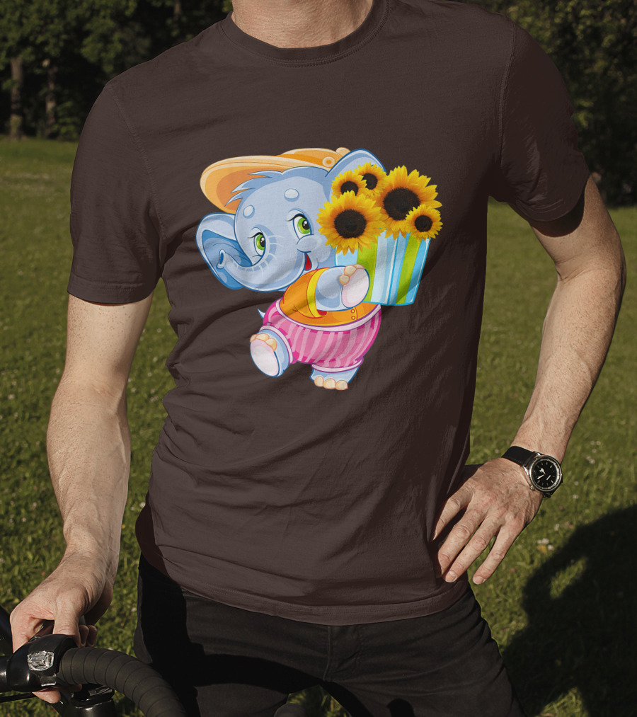 Cute Baby Elephant With Sunflowers And Pink Striped Shorts T-Shirt
