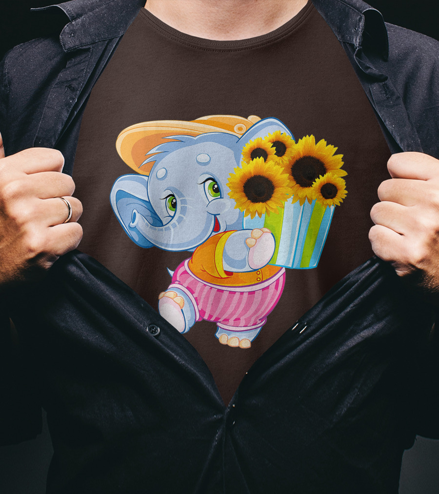 Cute Baby Elephant With Sunflowers And Pink Striped Shorts T-Shirt