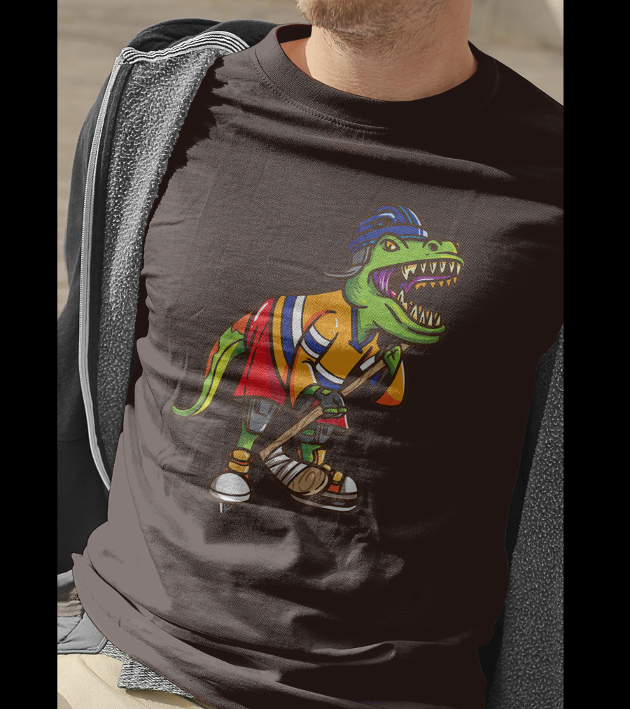 Roller Skates Hockey Dinosaur In Uniform With Stick And Helmet T-Shirt
