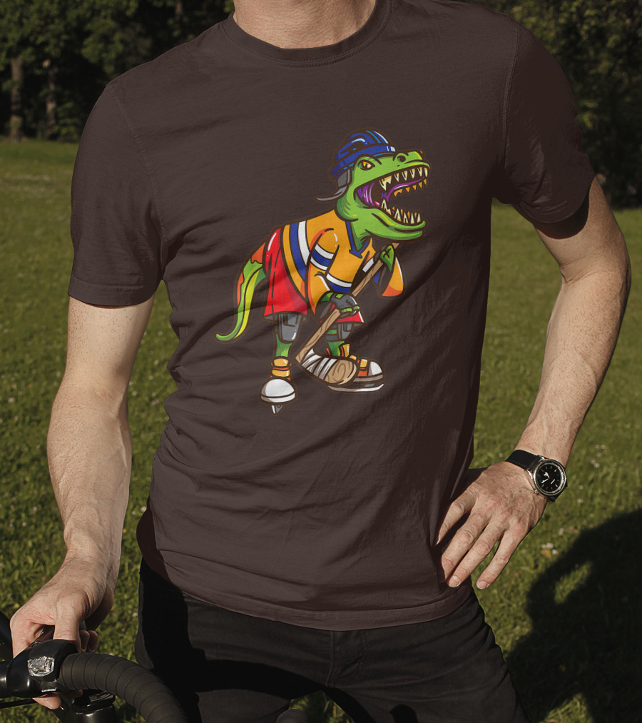 Roller Skates Hockey Dinosaur In Uniform With Stick And Helmet T-Shirt