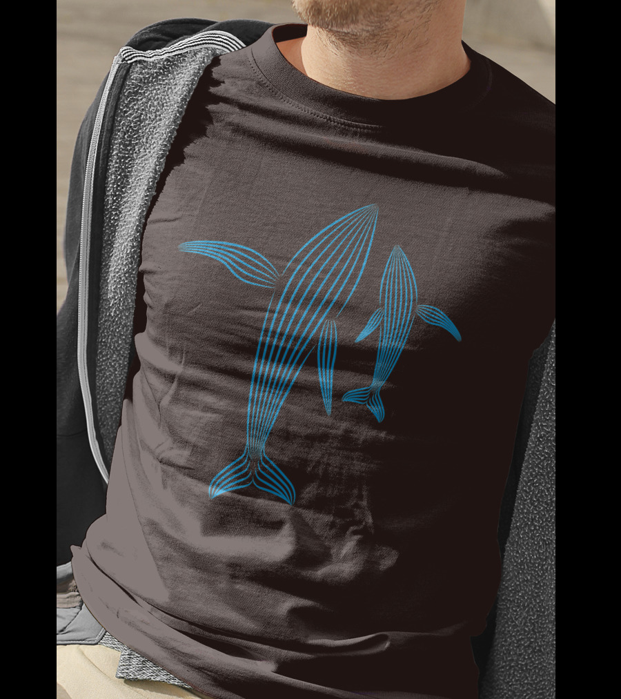 Save The Whales Blue Line Art Humpback Whale Pair Awareness T-Shirt